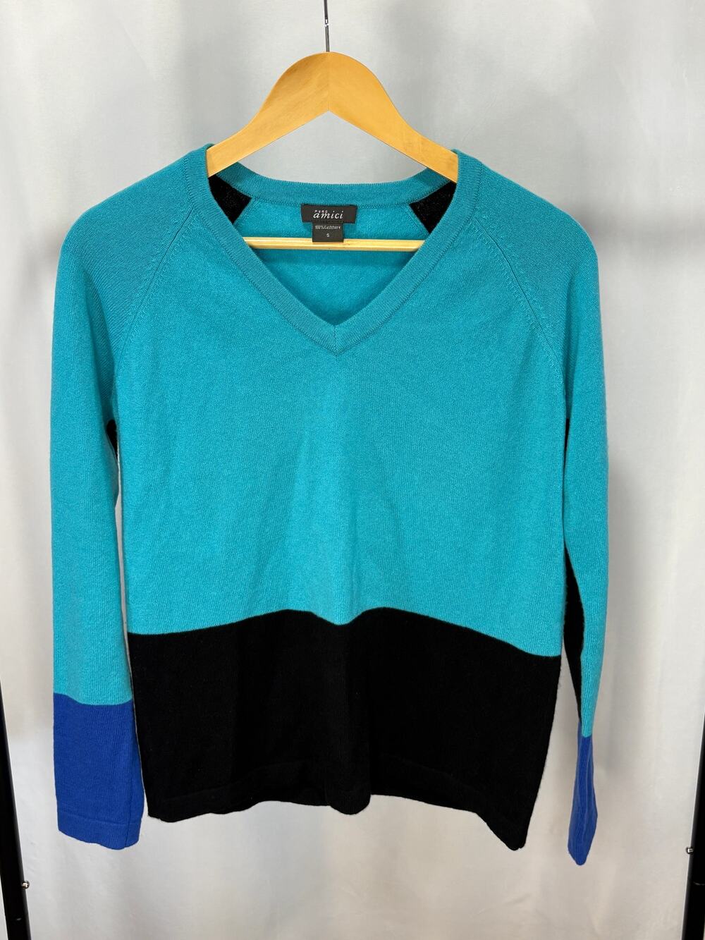 Pure Amici Women’s S 100% Cashmere Colorblock V-Neck Sweater